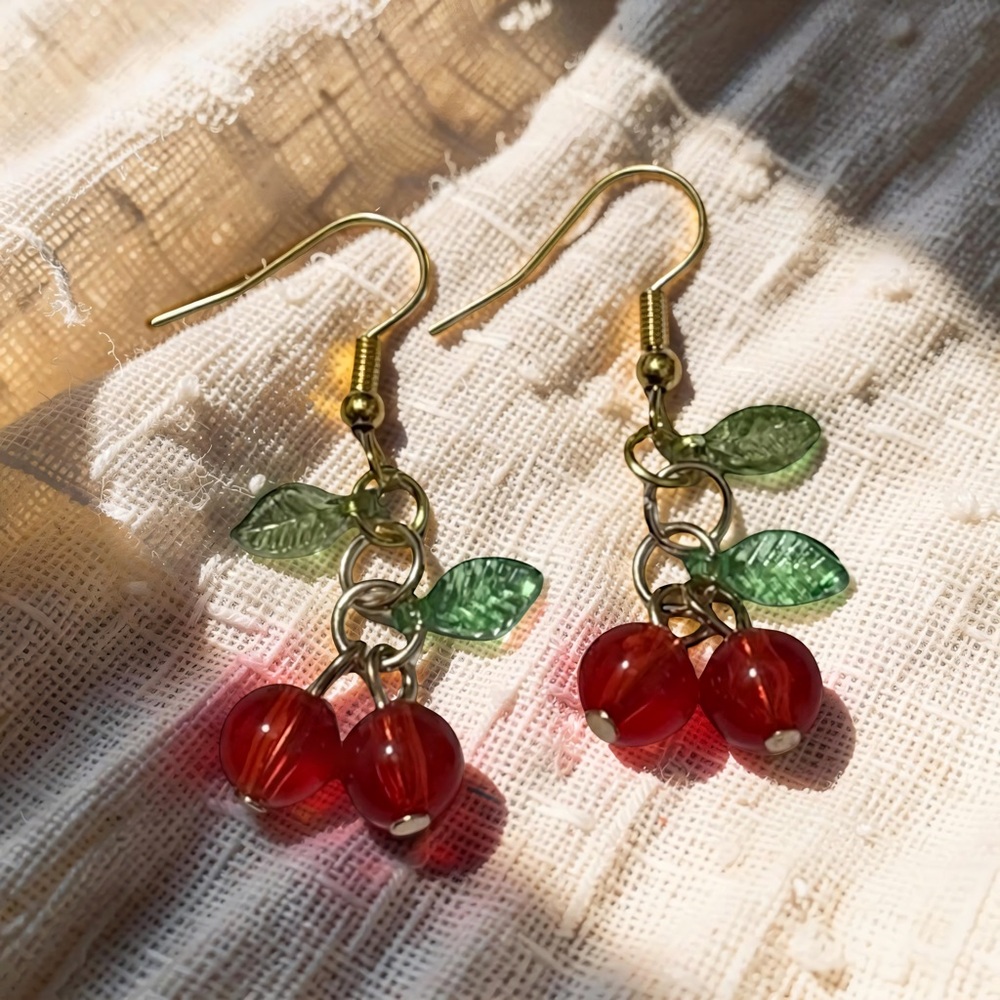🩷 🍒 Handmade Red Gold Cherry Cute Lightweight Dangle Earrings 🍒 🩷